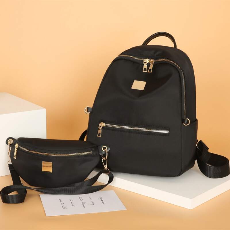 

1pc Metal Zip Backpack & 1pc Fanny Pack, Black