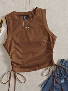 SHEIN EZwear Summer Drawstring Ruched Side Crop Tank Top - Brown - View 6