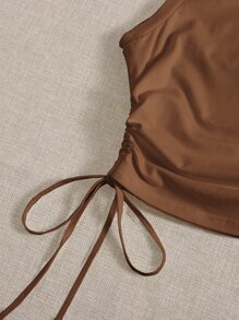 SHEIN EZwear Summer Drawstring Ruched Side Crop Tank Top - Brown - View 3