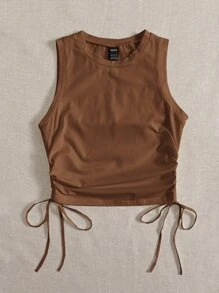 SHEIN EZwear Summer Drawstring Ruched Side Crop Tank Top - Brown - View 5