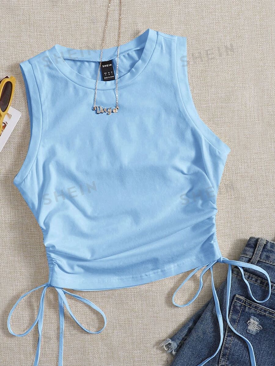 SHEIN EZwear Camiseta de punto casual de mujer con cuello redondo y cordón lateral