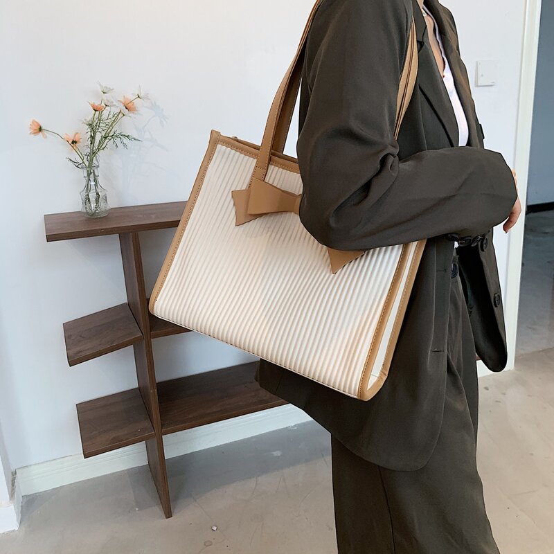 

Bow Decor Shoulder Tote Bag, Khaki