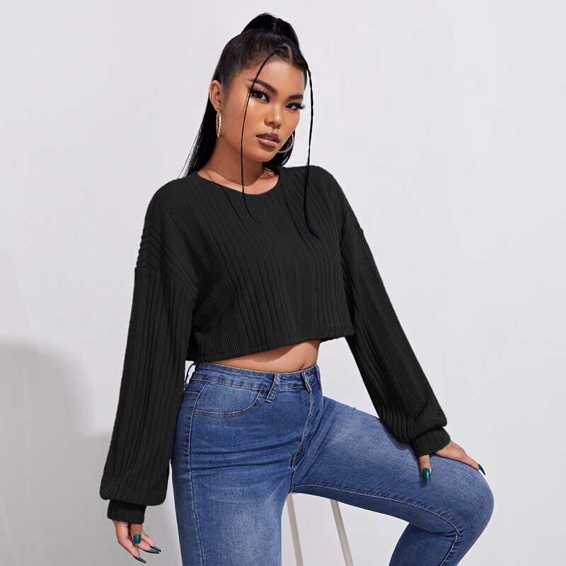 

Drop Shoulder Rib-knit Crop Tee, Black
