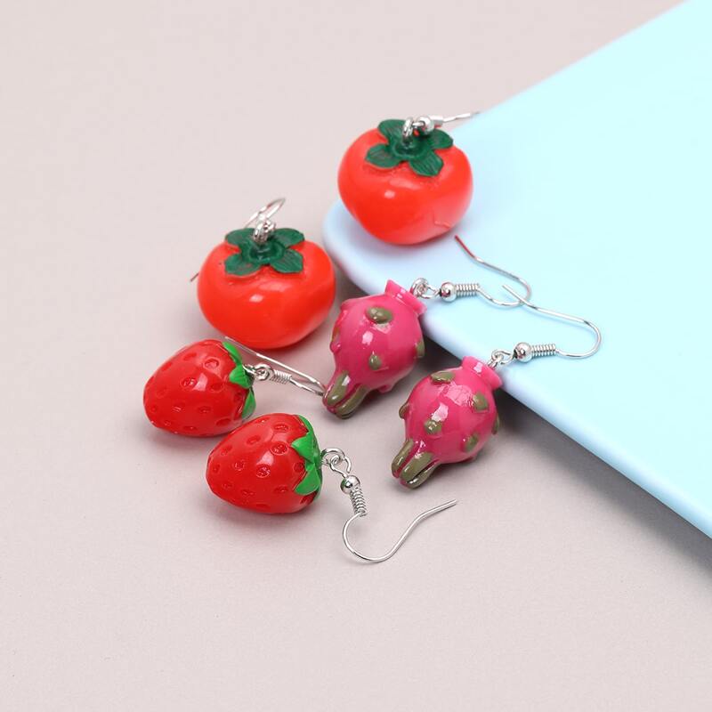 

3pairs Fruit Decor Earrings, Red