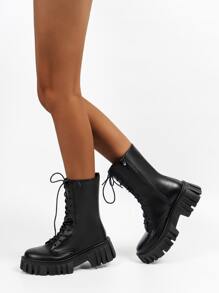 Fall/Winter Women Black Side Zip Lace-Up Front Boots, Mid Heel Round Toe Combat Boots - Black - View 2
