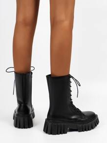 Fall/Winter Women Black Side Zip Lace-Up Front Boots, Mid Heel Round Toe Combat Boots - Black - View 3