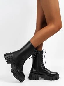 Fall/Winter Women Black Side Zip Lace-Up Front Boots, Mid Heel Round Toe Combat Boots - Black - View 4