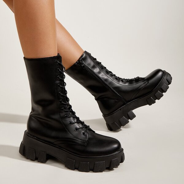

Side Zip Lace-up Front Combat Boots, Black