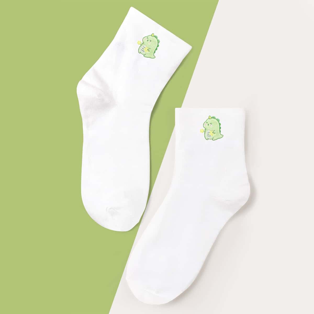 

Dinosaur Embroidery Crew Socks, White