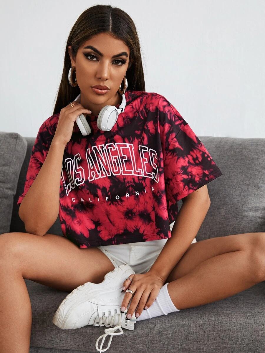 SHEIN Coolane Camiseta de tie dye con estampado de letra de hombros caídos - Multicolor - Ver 1