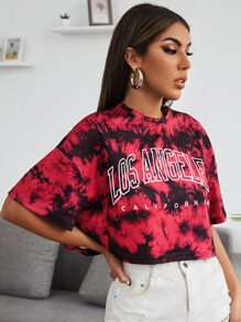 SHEIN Coolane Camiseta de tie dye con estampado de letra de hombros caídos - Multicolor - Ver 3