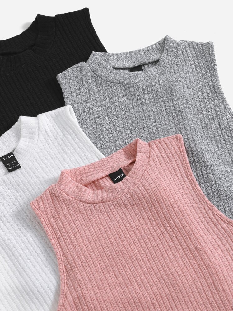 SHEIN EZwear 4 piezas top tank tejido de canalé de cuello alto - Rosa - Añade 5