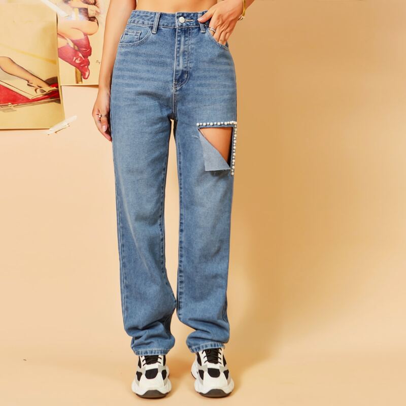 

High Waist Slant Pocket Cut Out Pearl Detail Straight Leg Jeans, Medium wash