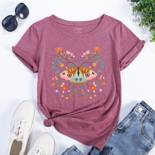 

Floral & Butterfly Print Tee, Dusty pink