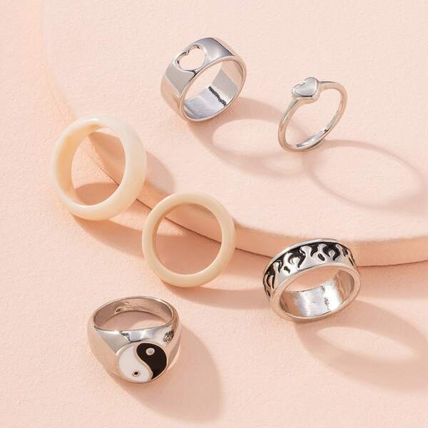

6pcs Tai Chi & Heart Ring, Multicolor