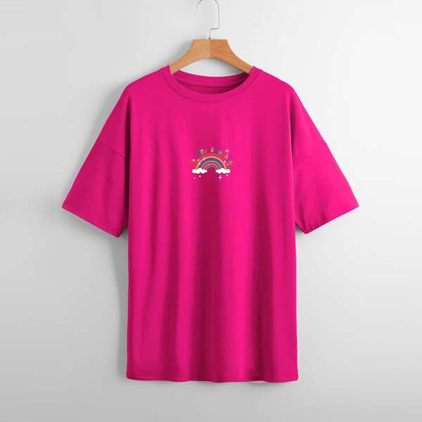 

Rainbow And Slogan Graphic Drop Shoulder Tee, Hot pink
