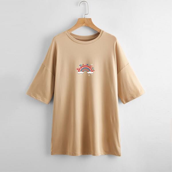 

Rainbow And Slogan Graphic Drop Shoulder Tee, Khaki