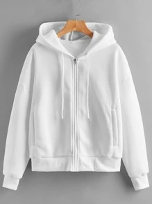 INAWLY Solid Zip Up Drawstring Drop Shoulder Hoodie - White - View 1