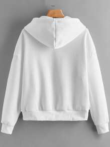 INAWLY Solid Zip Up Drawstring Drop Shoulder Hoodie - White - View 2