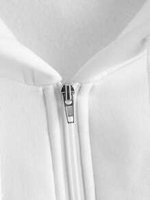 INAWLY Solid Zip Up Drawstring Drop Shoulder Hoodie - White - View 3