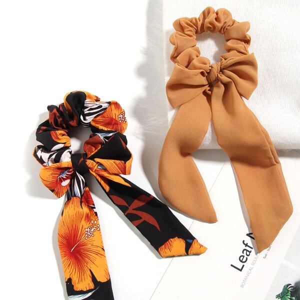 

2pcs Flower Print Scarf Hair Tie, Multicolor