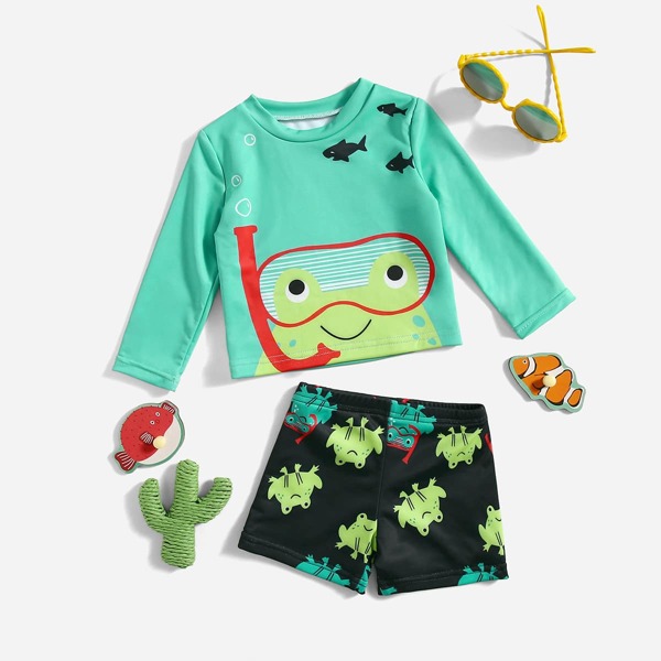 

Baby Boy Cartoon Graphic Two Piece Swimsuit, Multicolor