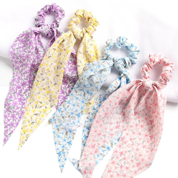 

4pcs Flower Print Scarf Hair Tie, Multicolor