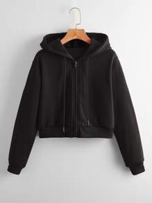 INAWLY 纯色拉链抽绳短款连帽衫，适合毕业季、教师节、返校季等场合。 - 黑色 - 查看 1