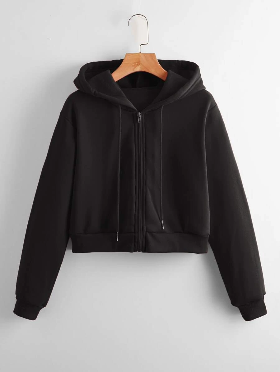 INAWLY 纯色拉链抽绳短款连帽衫，适合毕业季、教师节、返校季等场合。 - 黑色 - 查看 1