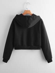 INAWLY 纯色拉链抽绳短款连帽衫，适合毕业季、教师节、返校季等场合。 - 黑色 - 查看 2