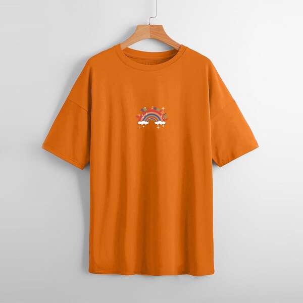 

Rainbow And Slogan Graphic Drop Shoulder Tee, Orange