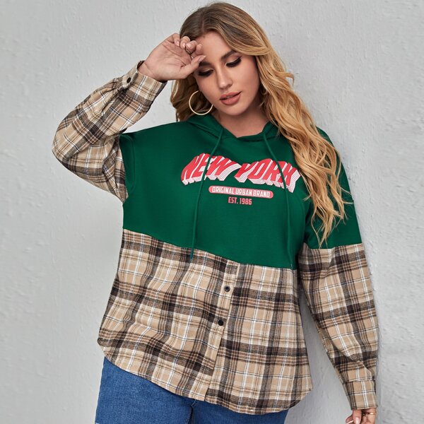

Plus Letter Plaid Spliced Combo Hoodie, Multicolor