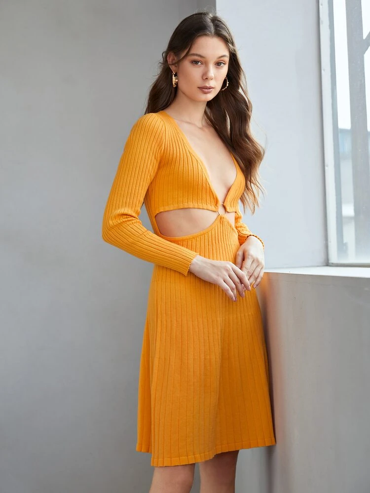 O-ring Cut Out Ribbed Knit Sweater Dress