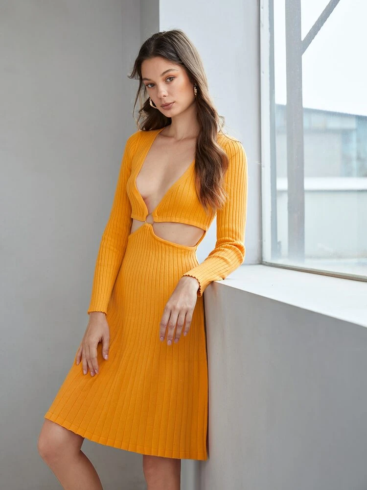 O-ring Cut Out Ribbed Knit Sweater Dress