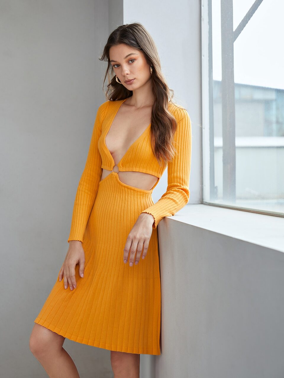 O-ring Cut Out Ribbed Knit Sweater Dress