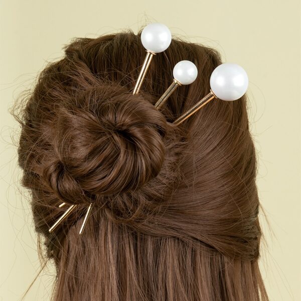 

3pcs Faux Pearl Decor Hair Pin, Gold