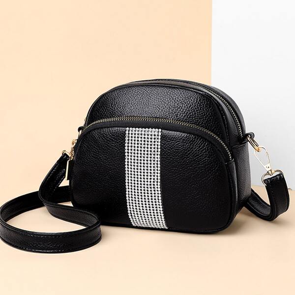

Rhinestone Decor Double Pocket Crossbody Bag, Black