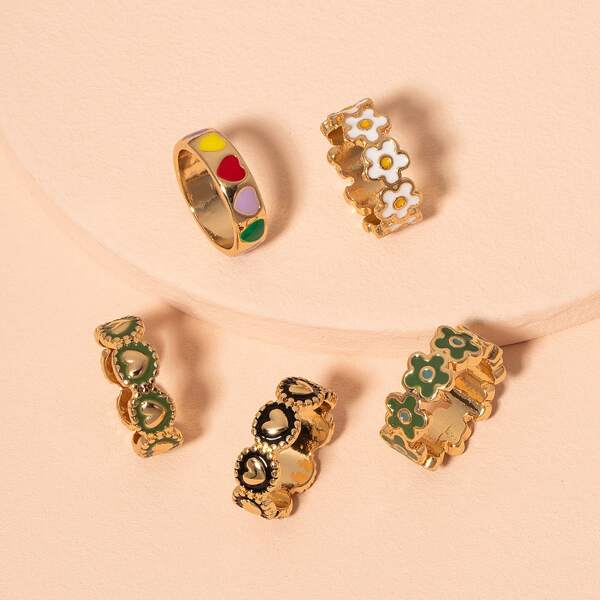

5pcs Flower & Heart Engraved Ring, Multicolor