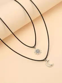 2pcs Sun & Moon Pendant Necklace - Antique Silver - View 1