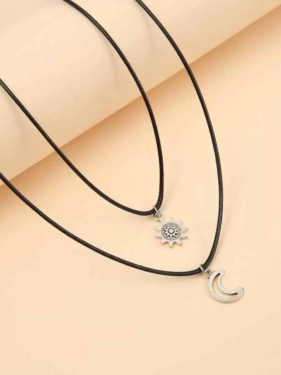 2pcs Sun & Moon Pendant Necklace - Antique Silver - View 1