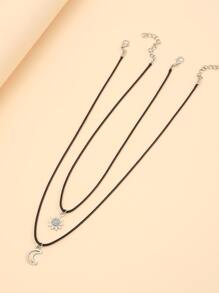 2pcs Sun & Moon Pendant Necklace - Antique Silver - View 2