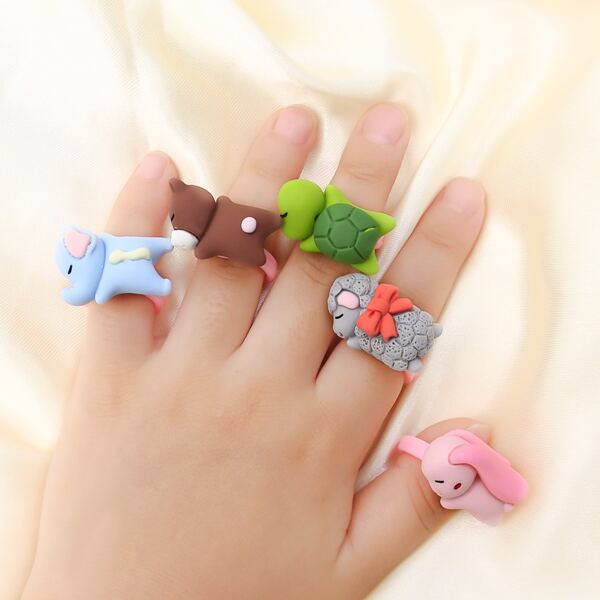 

5pcs Toddler Girls Cartoon Animal Decor Cuff Ring, Multicolor