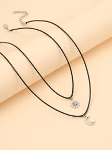 2pcs Sun & Moon Pendant Necklace - Antique Silver - View 5