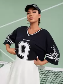 SHEIN Coolane 大碼星星和字母圖案T恤和百褶半身裙 - 藍白色 - 查看 1