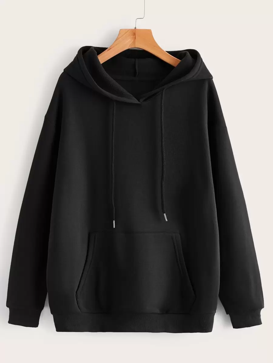 INAWLY 抽绳袋鼠口袋落肩保暖内衬连帽衫 - 黑色 - 查看 1