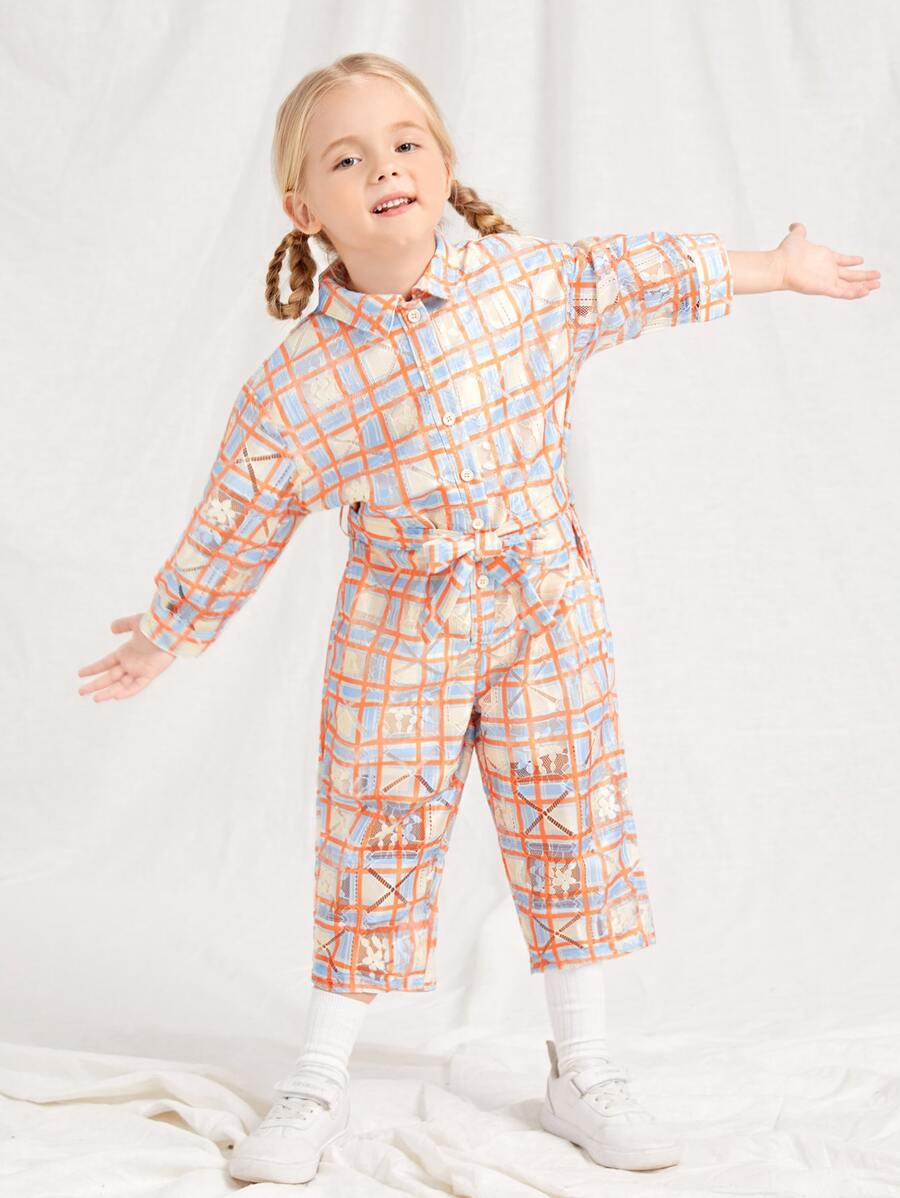 SHEIN Jumpsuit bé gái Thắt lưng Tương phản ren Nút phía trước Sọc ca rô Sẵn sàng - Nhiều màu - Xem 1