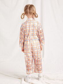 SHEIN Jumpsuit bé gái Thắt lưng Tương phản ren Nút phía trước Sọc ca rô Sẵn sàng - Nhiều màu - Xem 2