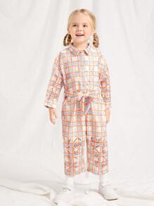 SHEIN Jumpsuit bé gái Thắt lưng Tương phản ren Nút phía trước Sọc ca rô Sẵn sàng - Nhiều màu - Xem 3