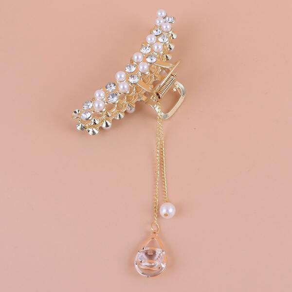 

Rhinestone & Faux Pearl Studded Hair Claw, Gold