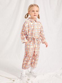 SHEIN Jumpsuit bé gái Thắt lưng Tương phản ren Nút phía trước Sọc ca rô Sẵn sàng - Nhiều màu - Xem 4